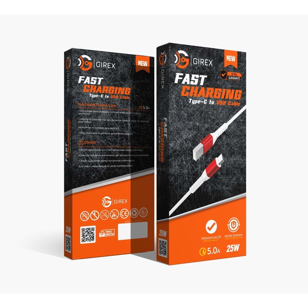 GİREX GR-03 USB TO TYP-C KABLO 25W 5.0A METAL