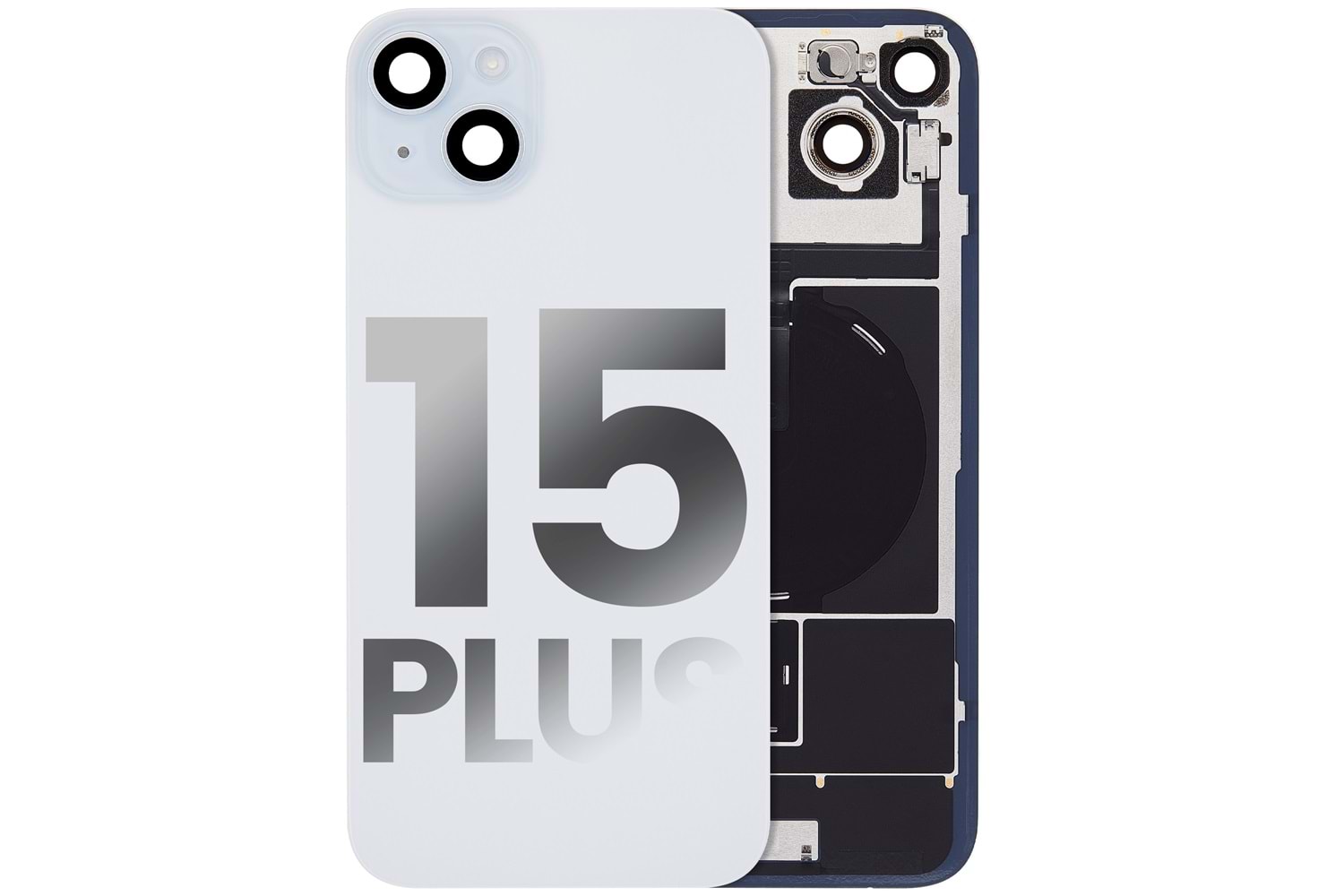 İPHONE 15 PLUS ARKA PİL KAPAK FULL BEYAZ - MAVİ